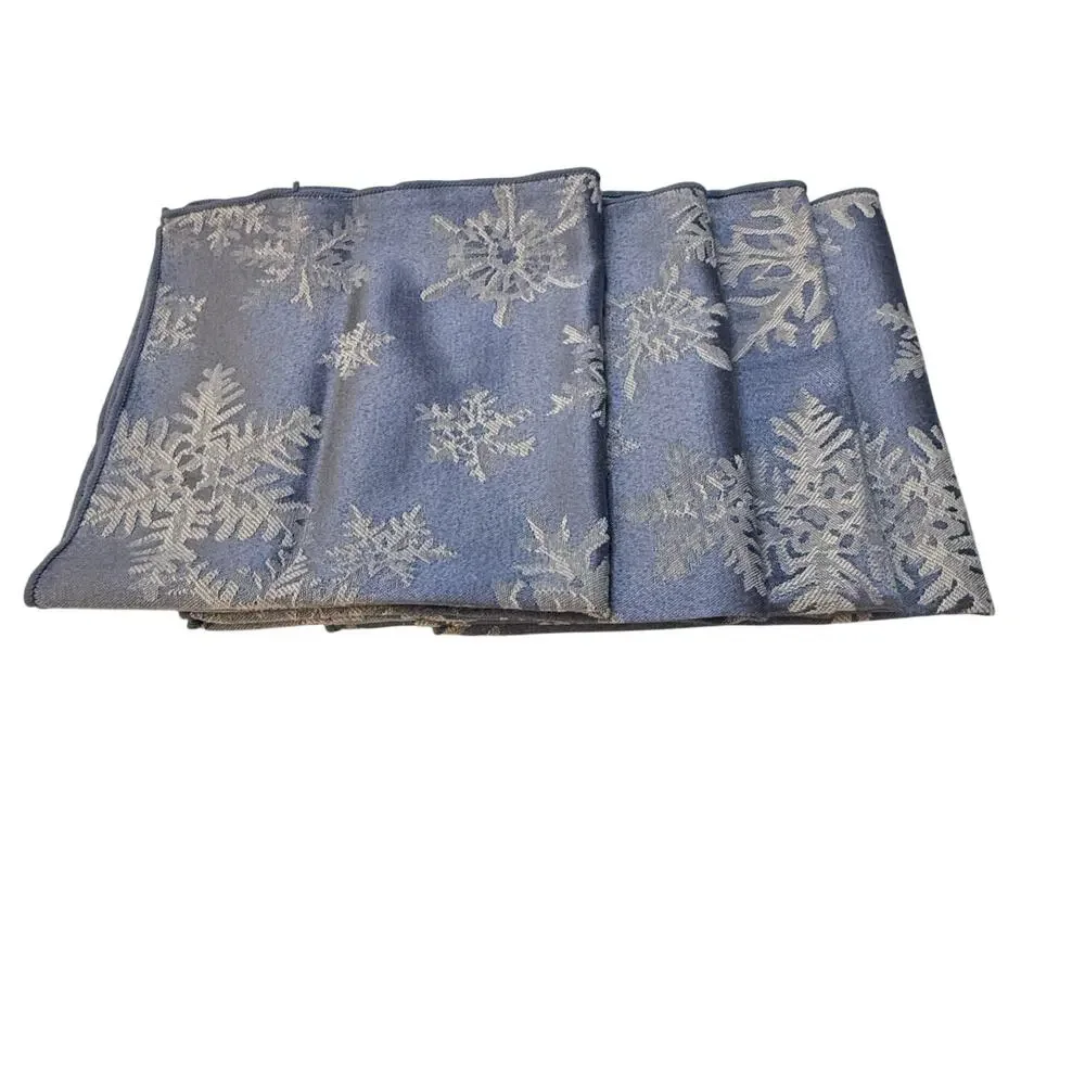 Holiday Satin Jacquard Fabric Textured Snowflakes Blue Square Napkins‎ Set of 4